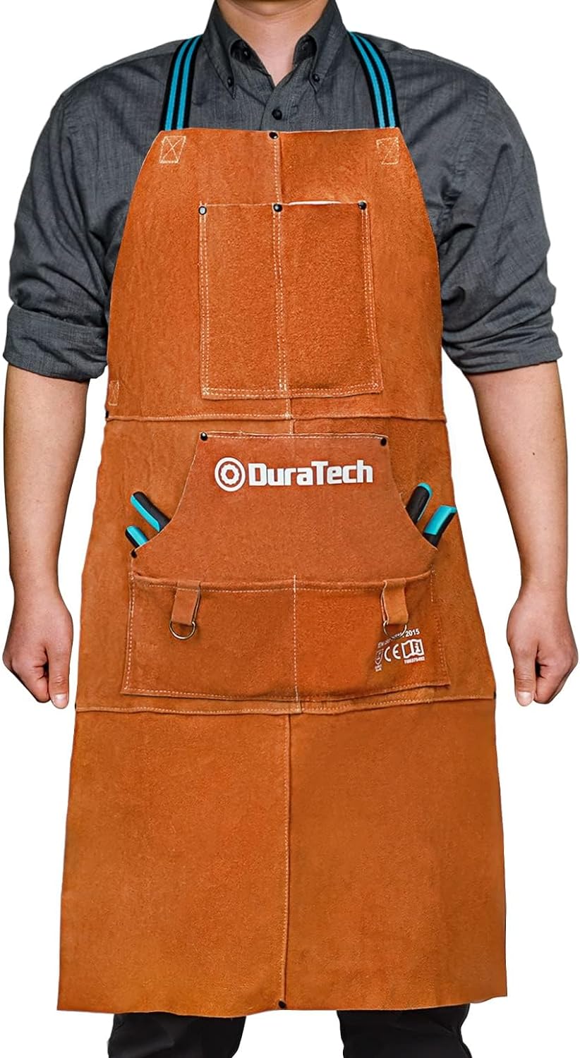 Leather Work Shop Apron With 6 Tool Pockets By QeeLink - Heat & Flame